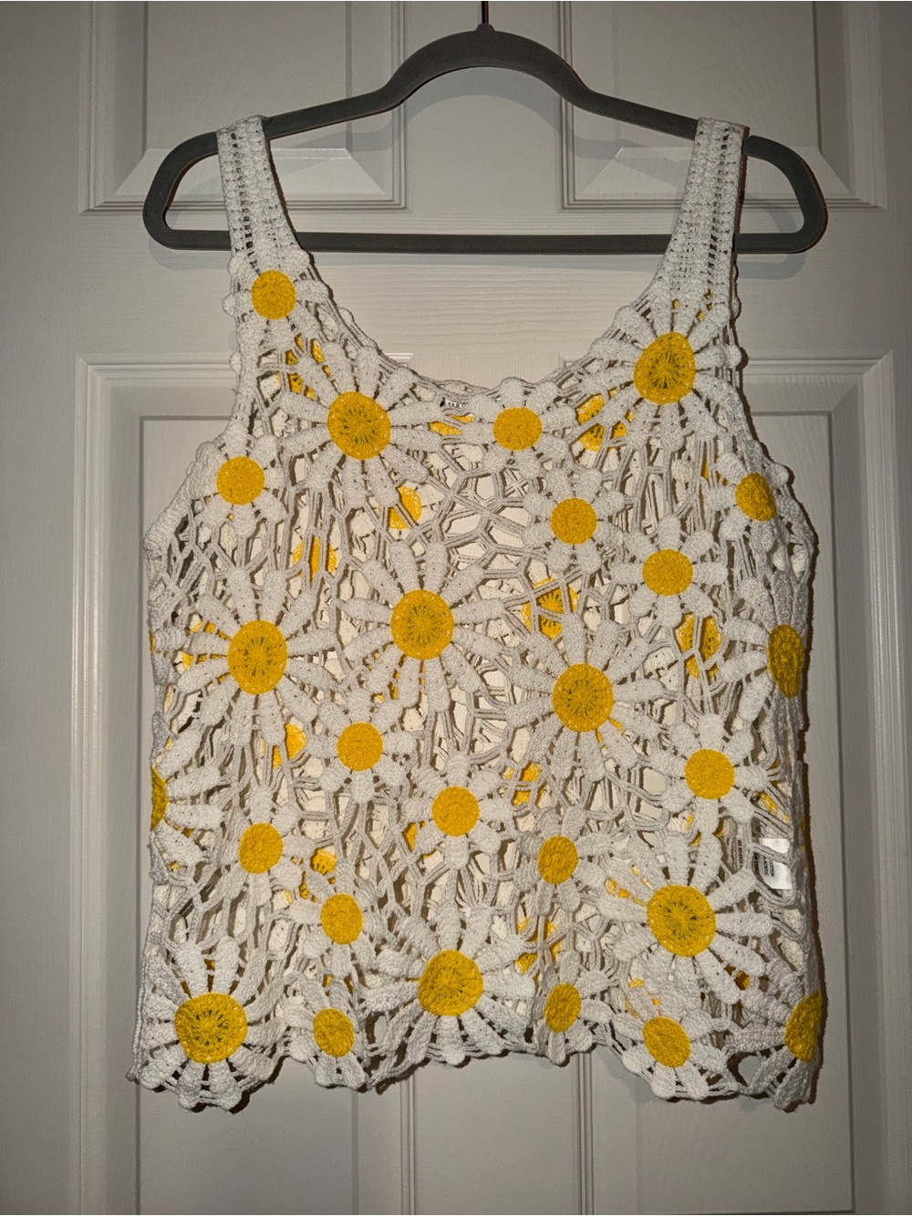 Altar'd State White Crochet Tank with Yellow Daisy Motifs